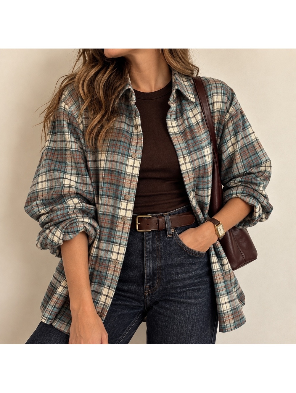 Eddie Bauer Vintage Plaid Flannel Shirt Oversized Blue Cream 100% Cotton